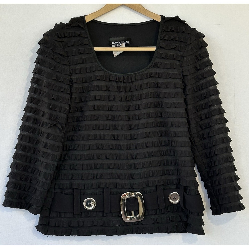 Frank Lyman VTG Ruffled Top Black Buckle Accents Business Office Women's 10
